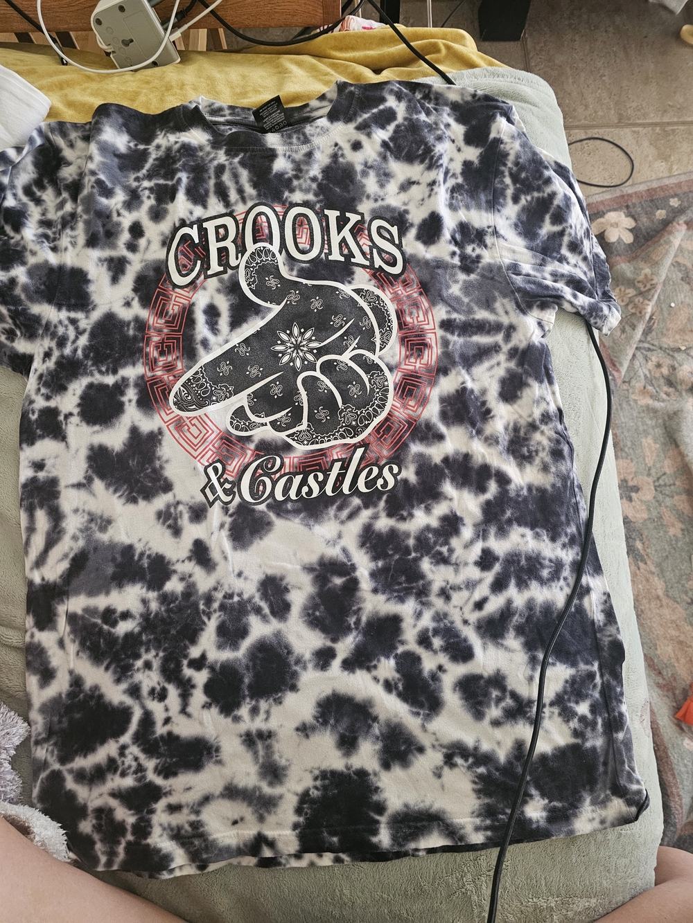 Crooks & Castles Black & White Tie-Dye Tee with Red Graphic